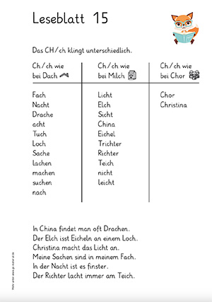 Grundschule Leseblatt 15 Buchstabe a,ch,d,e,ei,f,i,l,o,m,n,r,s,sch,t